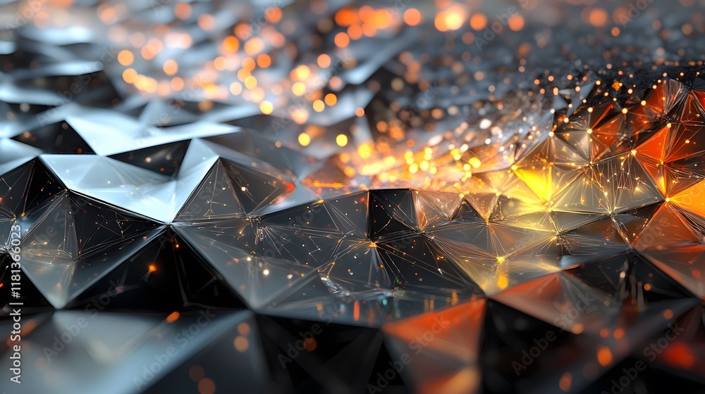 Poster abstract geometric design, colorful layered patterns with dynamic lighting, suitable for tech or cre