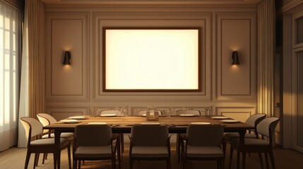 A modern kitchen interior with a dining table, chairs, and a blank banner.