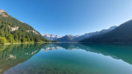 Scenic Lake in the Mountains with Reflection and Snowy Peaks, Generative AI