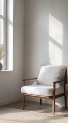 A serene and minimalist interior space in warm sunlight. 