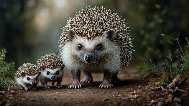 Observing a family of hedgehogs as they roam a peaceful forest trail during dawn, showcasing their unique behaviors and interactions