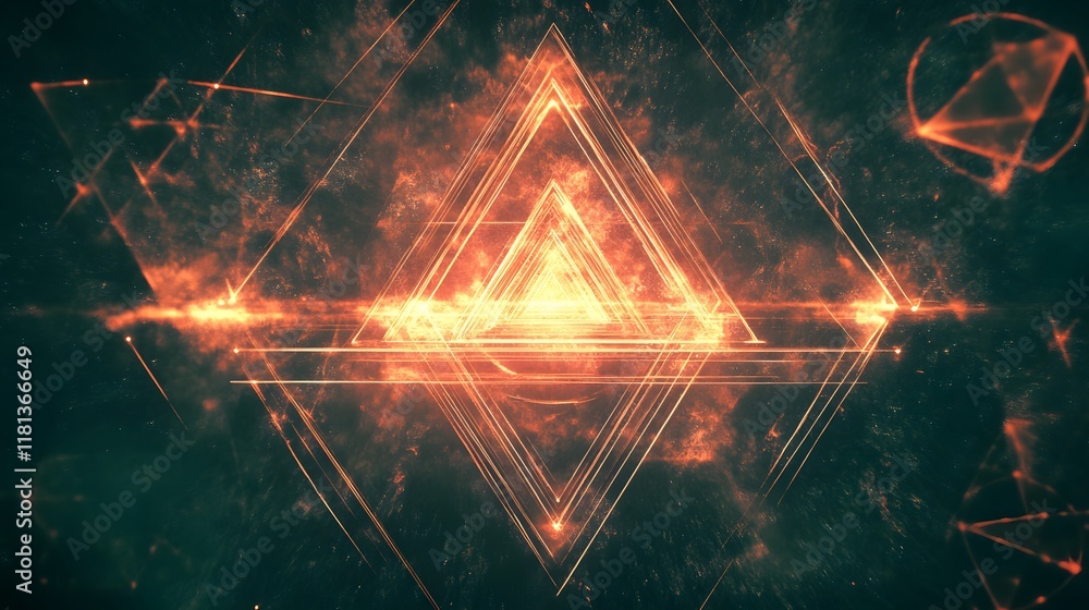 Poster vibrant abstract design featuring fiery triangular shapes, perfect for tech themes and futuristic co