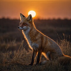 Fototapeta premium A fox silhouetted against a setting sun.