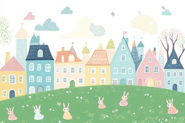Pastel Houses and Rabbits in Springtime Meadow