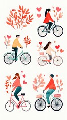 A vibrant illustration featuring cyclists surrounded by hearts and foliage, conveying a theme of joy and love for biking.