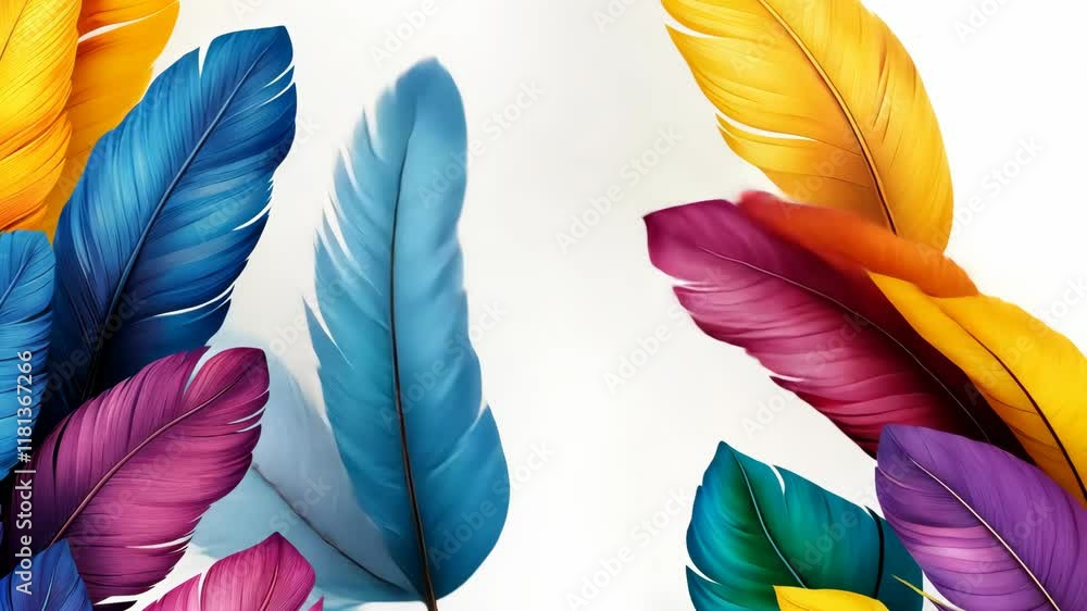 Poster colorful feathery border with a white background. the feathers are in various colors and are arrange