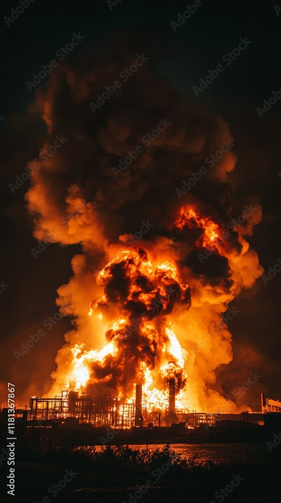 Aufkleber large flames and thick smoke billowing from a burning industrial complex at night, creating a dramat