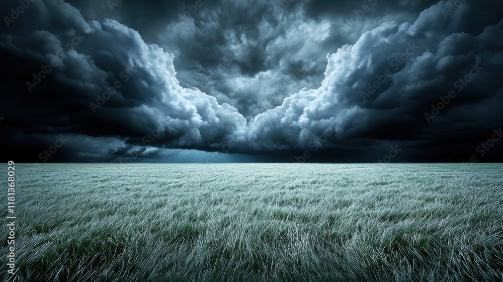 Poster a vast open field with a line of dark storm clouds moving in rapidly, casting a shadow over the land