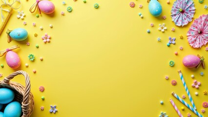 Fototapeta premium Colorful easter decorations with eggs and flowers on yellow background