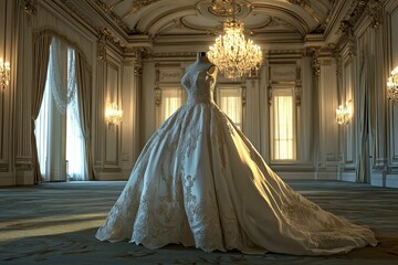 Naklejka premium Ornate gown displayed in elegant ballroom.
