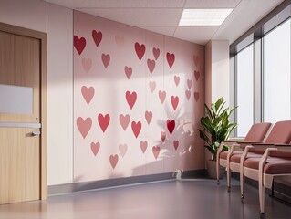 A bright waiting room featuring a wall adorned with heart decorations, complemented by cozy seating and natural light from large windows.