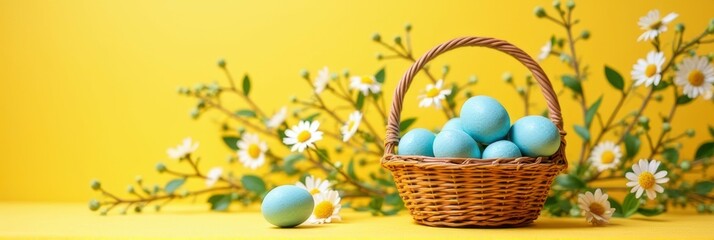 Wicker basket with blue eggs and daisies on yellow background