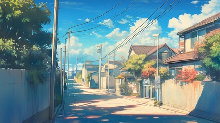 Scenic view of a quiet suburban street, anime city style, with colorful skies and trees along the way