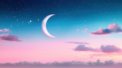 Fototapeta premium A delicate, silver crescent moon hangs low in a pastel colored twilight sky, accompanied by a few faint stars, evoking a sense of tranquility and peace.