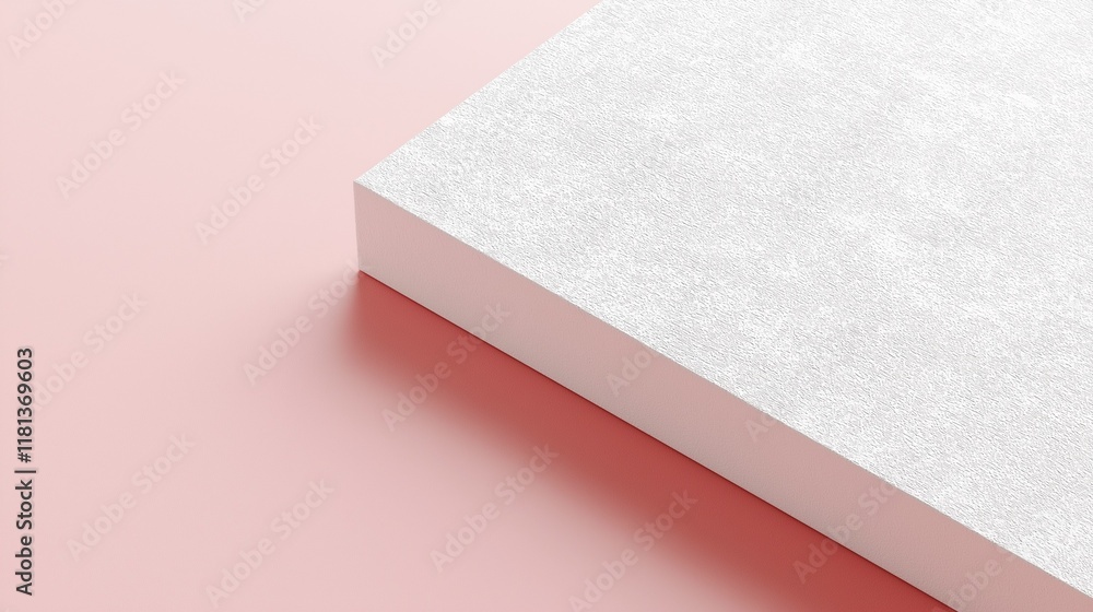 Poster a rectangular box resting on a light pink background.