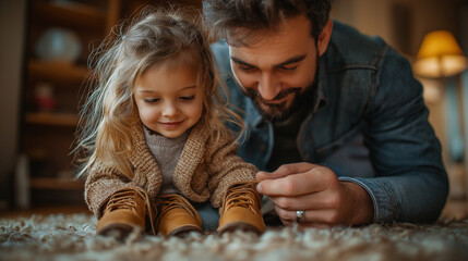 A tender moment where a father patiently teaches his child how to tie shoelaces, filled with pride and love as the child learns an important skill.