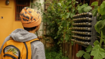 Young Person with Backpack Exploring Urban Nature Observing Unique Wall Installation
