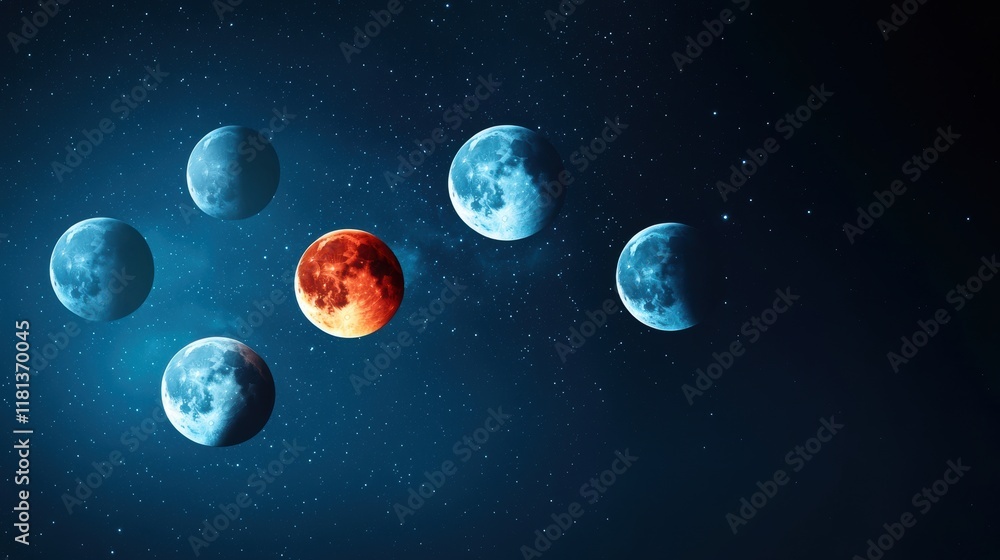Poster a time lapse image showcasing the different phases of a lunar eclipse, from the initial penumbra to 
