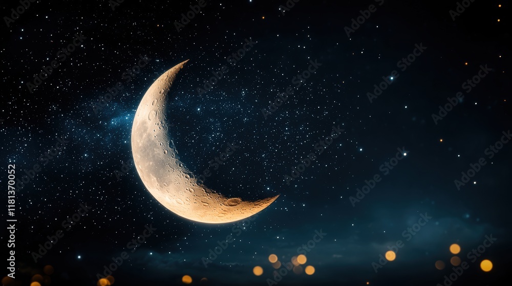 Poster a crescent moon hangs serenely in a velvety dark sky, surrounded by a dazzling array of stars, creat