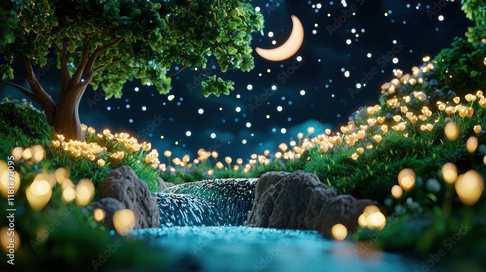 Poster a magical scene depicting a sparkling river flowing through a forest, illuminated by the soft glow o