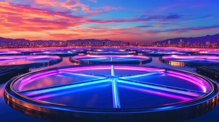 Illuminated Circular Water Treatment Plant at Sunset with City Skyline