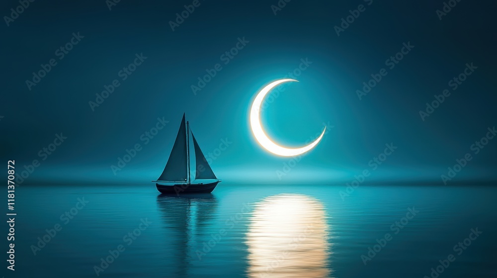 Poster a lone sailboat with its sails down rests peacefully on the calm waters of a lake, with the reflecti