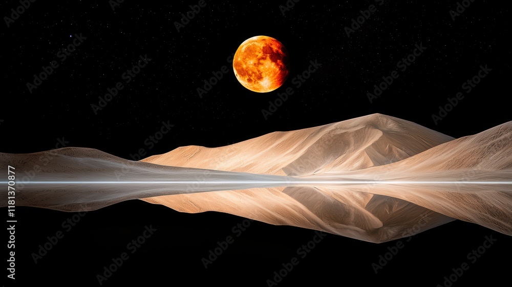 Poster a mesmerizing view of a blood moon during a lunar eclipse reflected on the surface of a lake, its re