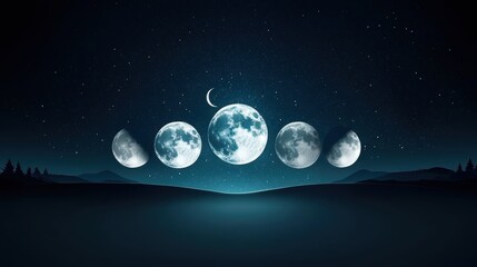 Naklejka premium An illustrative chart depicting all eight phases of the moon, from new moon to full moon and back, clearly labeled and set against a dark background.