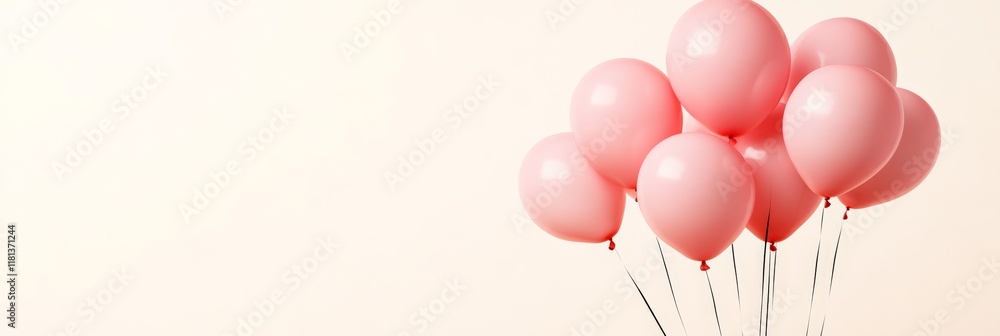 Aufkleber Bunch of pink balloons with black strings floating on light background creating romantic and festive atmosphere. Ideal for valentine's day. Women's day. Mother's day. Birthday or spring celebrations