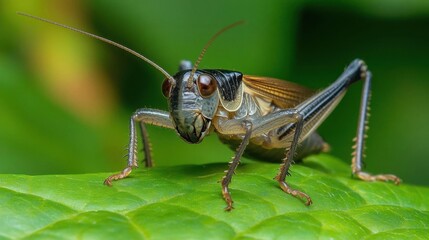 Fototapeta premium A close-up of a cricket perched on a green leaf.
