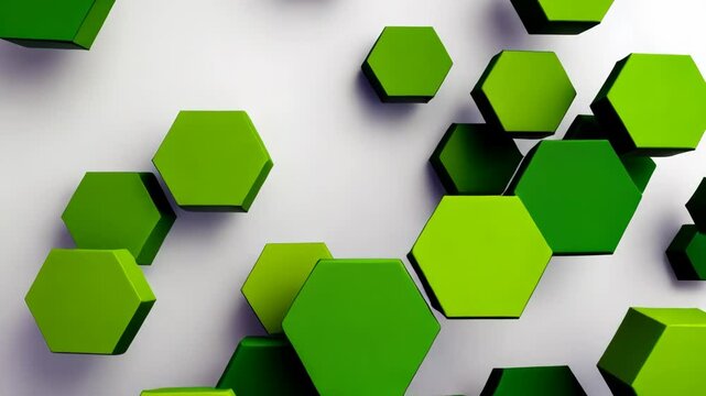 Green and white abstract design of hexagons. The design is made up of many small green shapes that are arranged in a pattern. Scene is one of creativity and playfulness