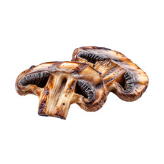 Grilled Mushroom Delights: Two perfectly grilled mushroom caps, their edges kissed with char and their surfaces glistening with savory juices, beckon with a promise of earthy flavor.  