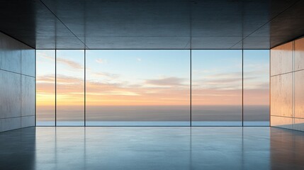 Fototapeta premium Modern empty room with panoramic ocean sunset view.
