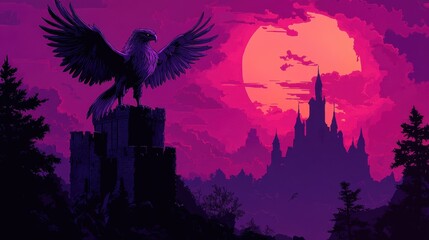 Fototapeta premium Majestic Purple Eagle Perched Atop Ancient Castle Ruins