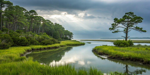 Fototapeta premium A Coastal Estuary Exudes a Harmonious Balance and Breathtaking Beauty of Nature