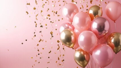 Pink Birthday Balloons Background Design with Golden 'Happy Birthday' Balloon and Confetti for Celebration Greeting Card.