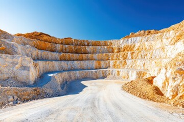 Stunning Quarry Landscape with Towering Rock Walls Under Blue Sky