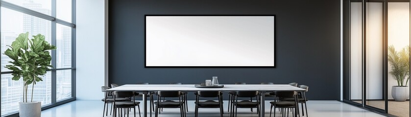 A modern kitchen interior with a dining table, chairs, and a blank banner.