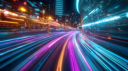 Fototapeta premium Glowing abstract lines and waves in purple and blue with a dynamic, fractal design and smooth motion, creating a vibrant energy-filled background