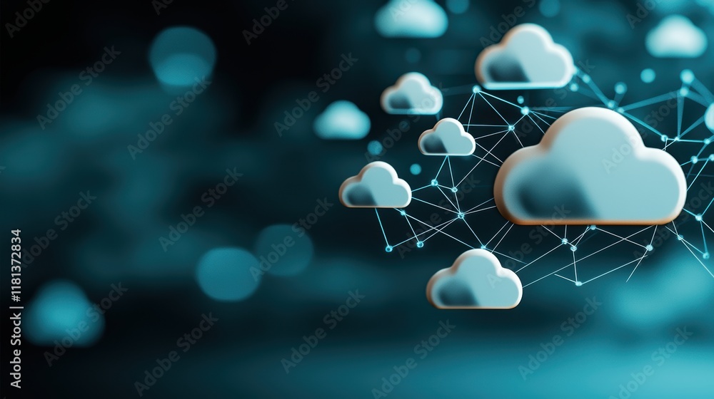 Poster a globe enveloped by a network of interconnected cloud icons, symbolizing the global reach and inter