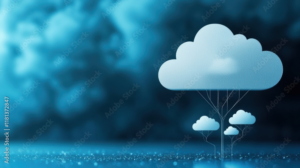 Poster a central cloud icon with smaller cloud icons branching out from it, resembling a tree structure, il