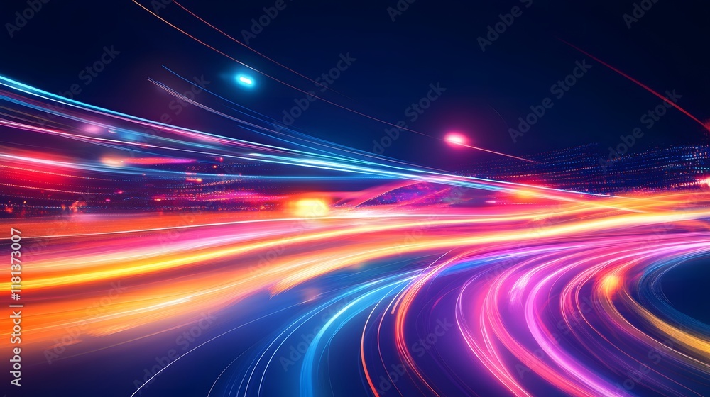Poster glowing abstract lines and waves in purple and blue with a dynamic, fractal design and smooth motion