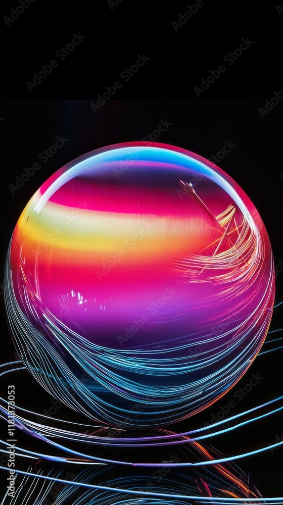 Poster a striking metallic sphere displays a dazzling gradient of colors, radiating vibrant pinks, blues, a