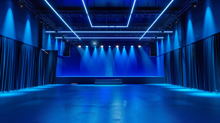 A 3D blue showroom interior with neon LED lights and a dark abstract studio stage creates an empty television hall perfect for a dance party or concert, providing a dynamic background for stock photos