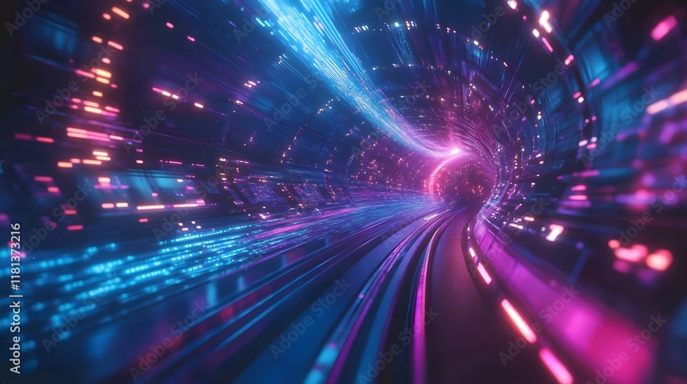 Poster glowing abstract lines and waves in purple and blue with a dynamic, fractal design and smooth motion