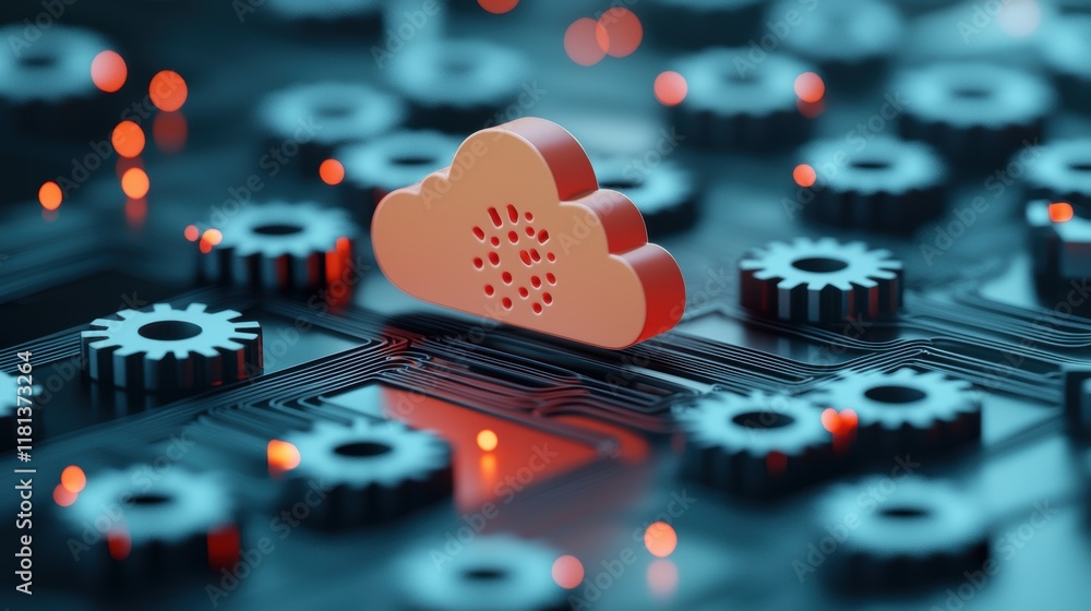 Poster multiple gears interconnected with a central cloud icon, highlighting the complex mechanisms and pro