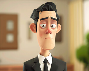 Sad Cartoon Businessman Illustration with Worried Expression in Office Setting