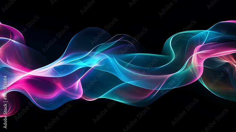 Poster glowing abstract lines and waves in purple and blue with a dynamic, fractal design and smooth motion