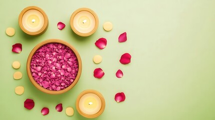 Fototapeta premium Serene Spa Setting Candles Rose Petals Aromatherapy Elements