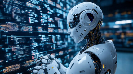 Fototapeta premium Exploring ai innovations humanoid robot interaction with data systems in a high-tech environment